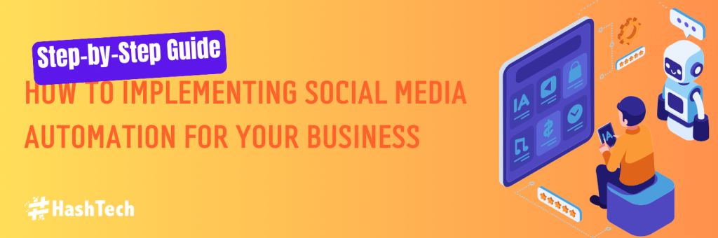 Step-by-step guide illustration for implementing social media automation with icons for scheduling, posting, and analytics.